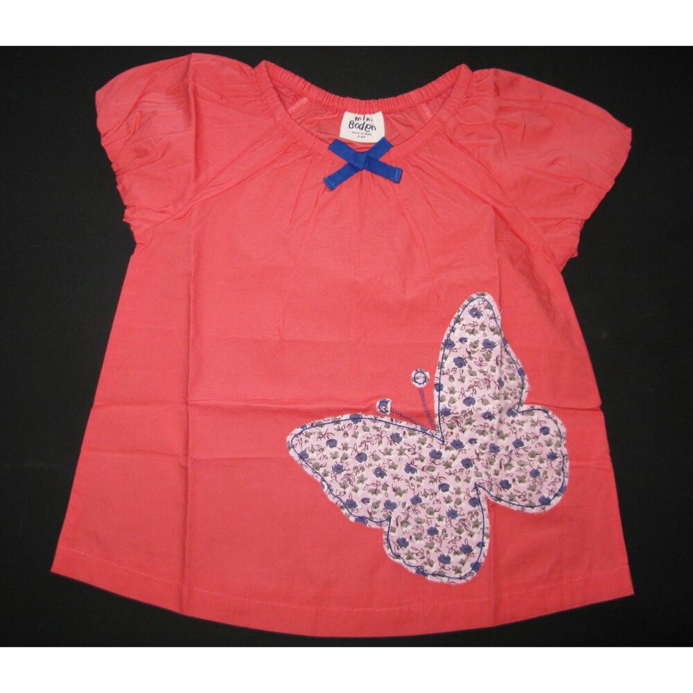 NEW MINI Boden girls 3 4 12 butterfly applique coral blue s/s peasant top shirt